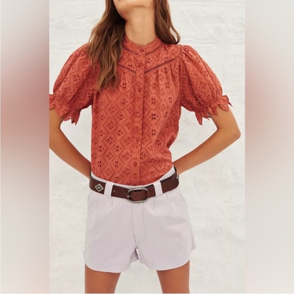 BA&SH BIRKIN SHIRT broderie anglaise-cotton blouse top peach eyelet size 2 - Picture 1 of 10